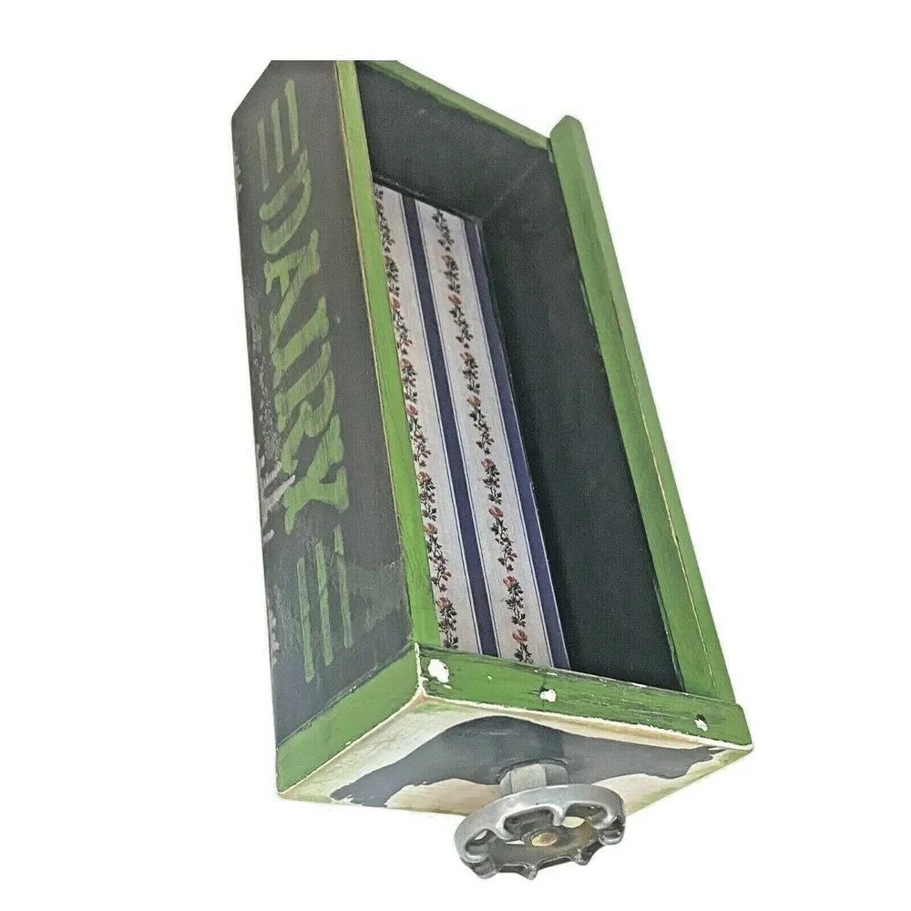 Farmhouse Wood Drawer Crate w/ Vintage Dairy Cow Spigot Handle, Green/Black